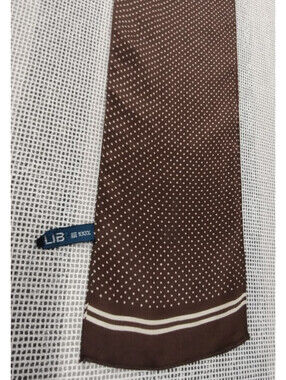 Vintage 1970s 80s Skinny Long Silk Scarf LIB Chocolate Brown Cream Dots Polka